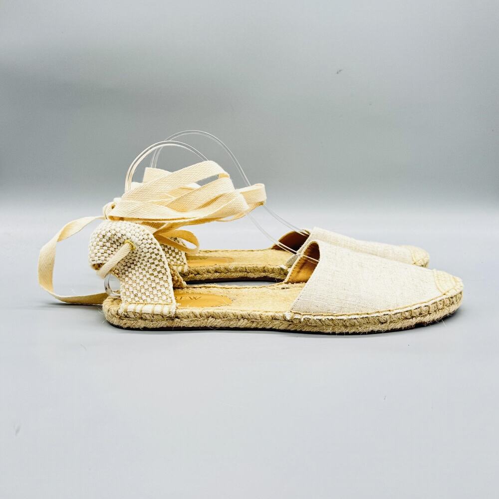 J Crew Sandals Womens 10 Beige Linen Espadrille Ankle Wrap Tie Flat Summer Shoes
